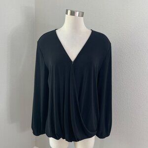 NEW Banana Republic Womens Large Black Long Sleeve Draped Surplice Blouse Shirt